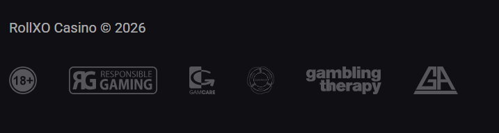 RollXO Casino responsible gaming badges — 18+, Responsible Gaming, GamCare, Gambling Therapy, Gamblers Anonymous