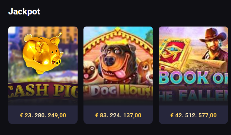 Casino XO Jackpot section — Cash Pig €23M, Dog House €83M, Book of the Fallen €42M