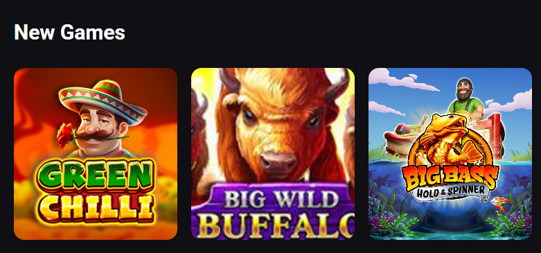 Casino XO New Games section — Green Chilli, Big Wild Buffalo, Big Bass Hold & Spinner